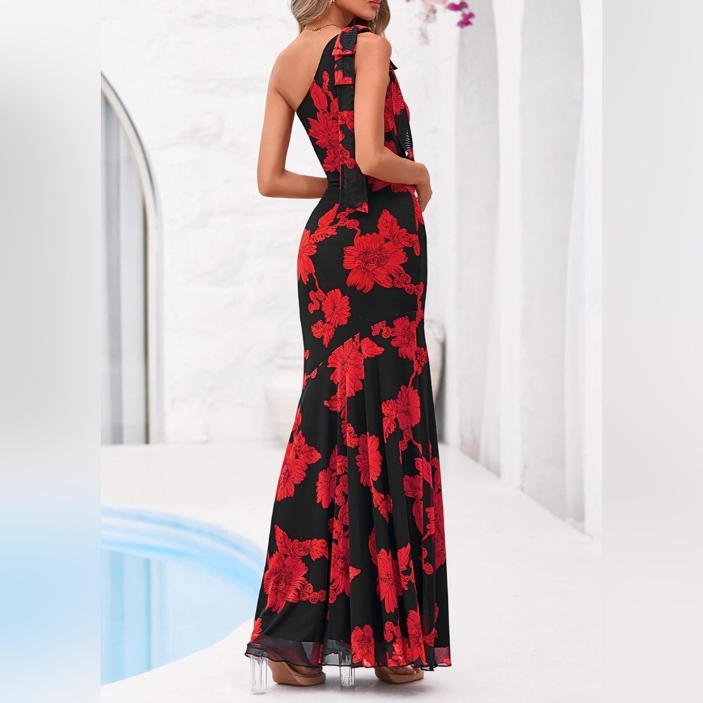 Elegant Black Dress with Red Floral Print - Picture 3 of 4
